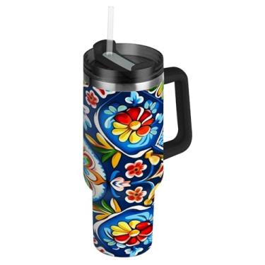 Imagem de Blueangle Copo de cerâmica mexicano de 1,134 g com alça e tampa de palha, caneca de viagem de aço inoxidável isolada a vácuo de parede dupla, garrafa de água reutilizável para academia de escritório