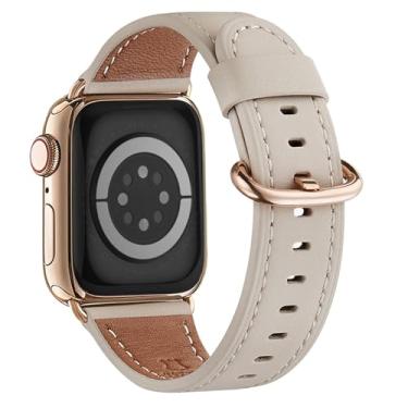 Imagem de Pulseira feminina WFEAGL de couro genuíno de grão superior para Apple Watch Ultra, SE e séries 8, 7, 6, 5, 4, 3, 2 e 1 de 49 mm, 45 mm, 44 mm e 42 mm, (branco-marfim + dourado)