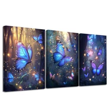 Imagem de LZIMU 3 peças de arte de parede borboleta azul e roxo borboletas imagem fantasia floresta pintura abstrata moderna impressão em tela natureza arte decoração de quarto de meninas (28 x 35 x 3 peças)
