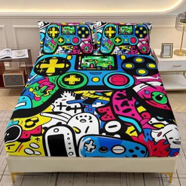 Imagem de AILONEN Jogo de lençol solteiro para jogos com controle de videogame de graffiti para meninos e meninas - Jogo de lençol com bolso profundo e 2 fronhas - 3 peças