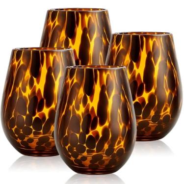 Imagem de SiliFine Conjunto de 4 taças de vinho sem haste com estampa de leopardo, 540 ml, copos de vinho soprados à mão, vidro marrom, copo ideal para gin, tequila, presentes para festa de Natal