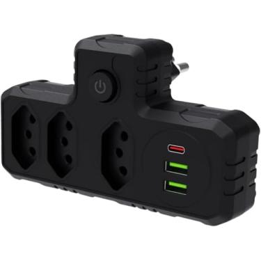 Imagem de extensão Tomada Preta com USB, Adaptador Inteligente, Régua Tomada, Régua de Energia, Adaptador, 3 Tomadas, 2 Interfaces USB, 1 Porta Tipo-C Premium Quality (Preto)