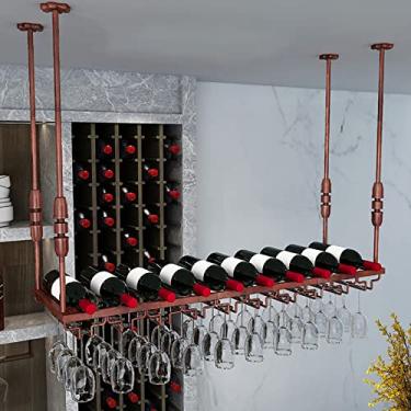 Imagem de Rack de vinho de teto, altura ajustável, prateleira de garrafa de vinho de metal industrial, suporte de taças, restaurantes/bares/suporte de exibição decorativo para casa