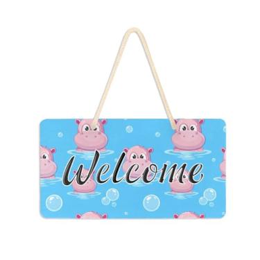 Imagem de Burbuja Placa de boas-vindas de hipopótamos de desenho animado para porta da frente, placa de boas-vindas de PVC para decoração de férias, 15 x 28 cm