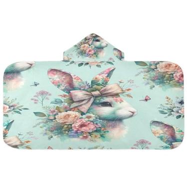 Imagem de Burbuja Toalha de banho com capuz de cabeça de coelho floral para crianças, toalha de praia de pelúcia macia absorvente para meninas e meninos 3-10 anos, 61 x 127 cm