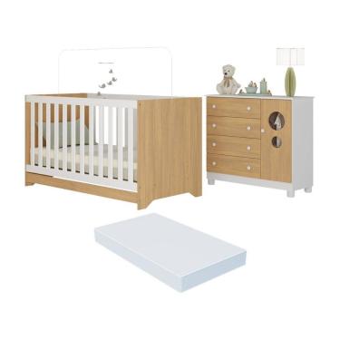 Imagem de Berço Americano 3 em 1 com Colchão Incluso e Cômoda 1 Porta 4 Gavetas Bombom Multimóveis MP4716