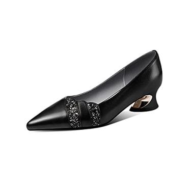 Imagem de TinaCus Mocassim feminino feito à mão em couro genuíno com salto fino e glitter, Preto, 8