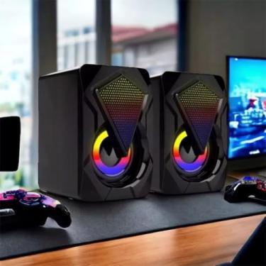 Imagem de Caixa de Som Gamer RGB, Alto-Falantes 2.0 com LED Colorido, 6W de Potência, Design Compacto, Conexão USB e P2, para Computador, Notebook, Smartphone, Tablet