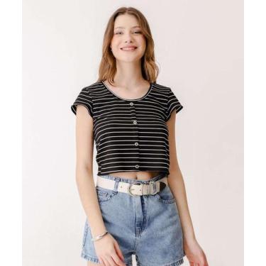 Imagem de Blusa Feminina Canelada Listrada Botões Marisa-84369, Preto e branco, 