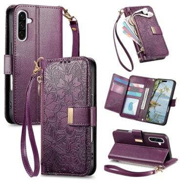 Imagem de Monwutong Carteira com zíper para Samsung Galaxy A56 5G, capa de couro com estampa de flores com compartimentos para cartão múltiplo e bolsa de mão com cordão de fecho magnético duplo para Samsung A56