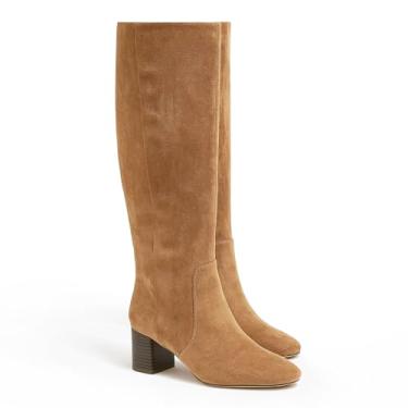 Imagem de Coutgo Botas femininas de salto grosso, cano alto, camurça, bico redondo, outono, inverno, com zíper lateral, Marrom claro, 38