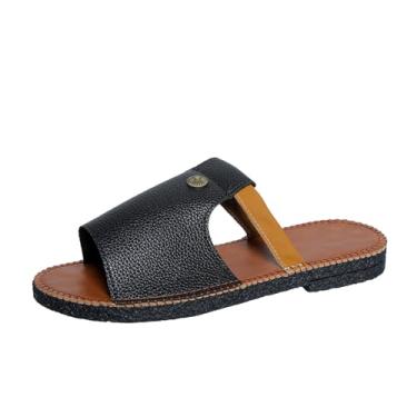 Imagem de Chinelos femininos com bico redondo cor sólida casual praia primavera verão versátil UE 36-43 Reino Unido 3,5-7 EUA 5,5-9 comprimento do pé 23-26,7 cm, Preto, 38