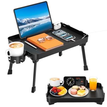 Imagem de KDD Bandeja de cama com pernas dobráveis, bandeja de café da manhã com suporte de copo removível e suporte de tablet de telefone, bandeja dobrável para cama, sofá, mesa de laptop, trabalho, lanche