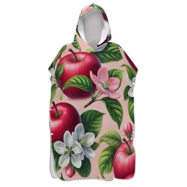 Imagem de Poncho de surf para adultos trocador com capuz toalha de natação bonito absorvente masculino feminino poncho com capuz colorido vermelho maçã floral