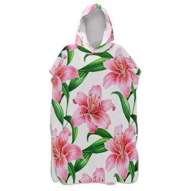 Imagem de Roupão de mudança de poncho de surfe para adultos toalha de natação com capuz de secagem rápida unissex poncho adulto com capuz aquarela flores lírio folhas verdes branco
