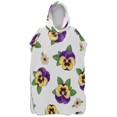 Imagem de Joisal Pansy Flowers Poncho de surf branco para trocador adulto toalha de banho com capuz plus size ponchos de praia para homens