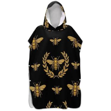 Imagem de Joisal Golden Bees Roupão preto para adultos poncho de surfe praia banho toalhas com capuz vestíveis femininos ponchos com capuz