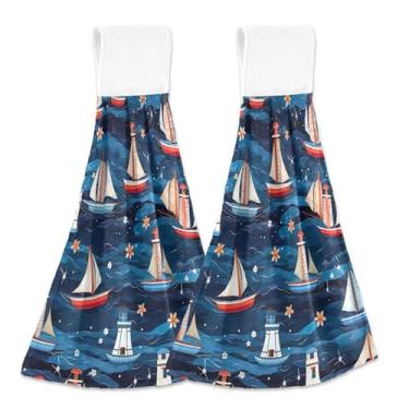 Imagem de Veleiros marítimos toalhas de cozinha de mão azuis com laço para pendurar conjunto de 2 toalhas de chá de forno absorventes macias, toalhas de cozinha personalizadas para decoração de casa 46 x 35 cm