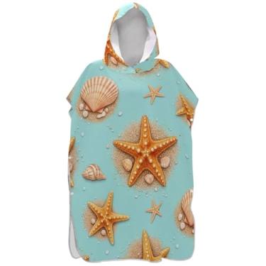 Imagem de Joisal Poncho de surfe para adultos trocador de roupa de praia com capuz toalha de banho reutilizável estrela do mar conchas azul-petróleo masculino poncho com capuz