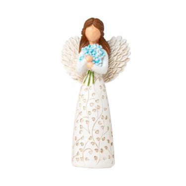 Imagem de Estatueta decorativa de anjo com buquê de esquecer-me-not, vestido branco com padrão de folha, design de árvore da vida - escultura colecionável para presentes de mãe, presente Forget Me Not para
