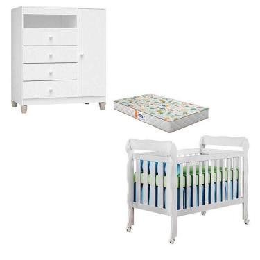 Imagem de Berço Americano Lila Com Colchão Gazin E Cômoda Infantil Ternura Baby Branco Brilho - Incorplac