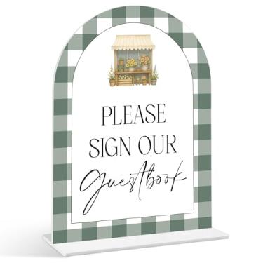Imagem de Please Sign Our Guestbook Sign - Placas de chá de panela Fresh Off the Market, 1 pacote de placa de acrílico com suporte, centro de mesa de chá de panela para mesas, decoração de recepção de casamento