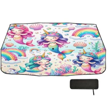 Imagem de Sereia arco-íris pérola concha dobrável para-brisa protetor solar bloco UV toldo de carro guarda-chuva de para-brisa, protetor solar retrátil para carro