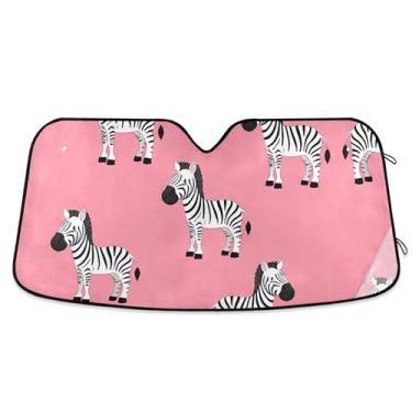 Imagem de Toldo de sol rosa com estampa de zebras fofas para para-brisas de carro protetor solar retrátil personalizado para para-brisa dianteiro de carro impressões de animais P, 134,6 cm x 59,7 cm