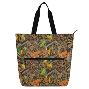 Imagem de GAIGEO Bolsa feminina marrom com folhas de outono bolsa de trabalho de lona com zíper bolsa de praia reutilizável com compartimentos