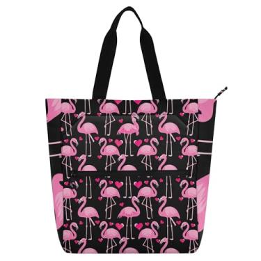 Imagem de Sacola feminina de trabalho com corações pretos flamingo rosa bolsa de praia com zíper bolsa de praia para professores de livros presentes para amantes de livros