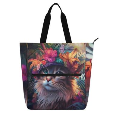 Imagem de GAIGEO Boho, gato, floral, chapéu, girassol, bolsas femininas para trabalho, lona, bolsas de tecido universitário, escola, carteiro com compartimentos
