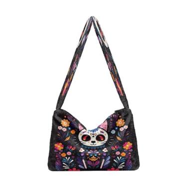 Imagem de Maçãs e flores com folhas em aquarela bolsas de ombro femininas, bolsa de ombro com zíper para mulheres, bolsa feminina para uso ao ar livre, Day of the Dead Cartoon Skeleton Cats-2, One Size