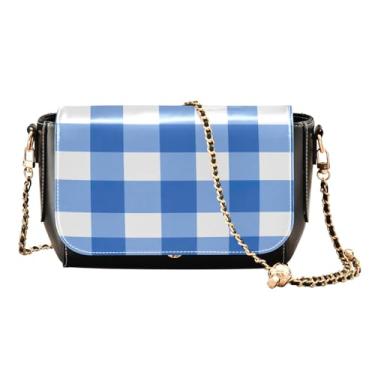 Imagem de Bolsa transversal com alça ajustável floral e girassol, bolsas transversais de couro para mulheres, média, Azul xadrez e branco-3, One Size