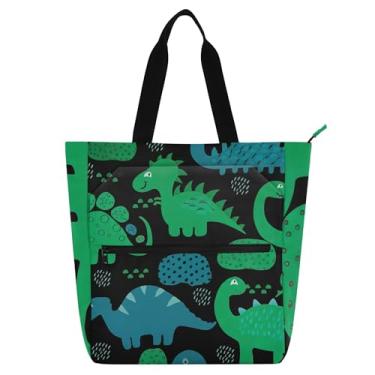 Imagem de Dinossauros verde azul preto bolsa de trabalho para mulheres tote lona faculdade escola bolsas crianças bolsas fofas livro amante presente
