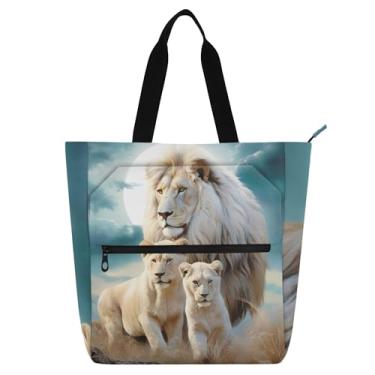 Imagem de GAIGEO Bolsas de trabalho femininas Leão e Leoa de lona para escola universitária bolsas de uso diário com compartimentos