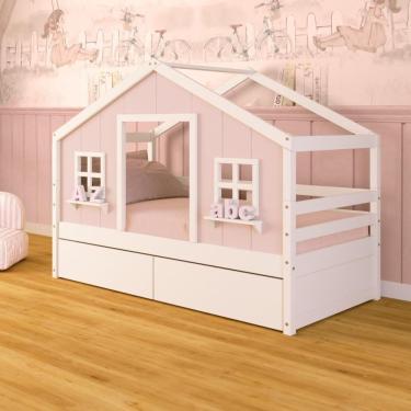 Imagem de Cama Casinha Dos Sonhos Com 02 Gavetas Madeira Maciça Rosa/ Branco Megamobilia