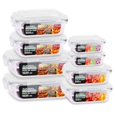 Imagem de Kit 8 Potes de Vidro Hermético Geladeira Marmita Tampa 370ml/640ml/1040ml/1520ml