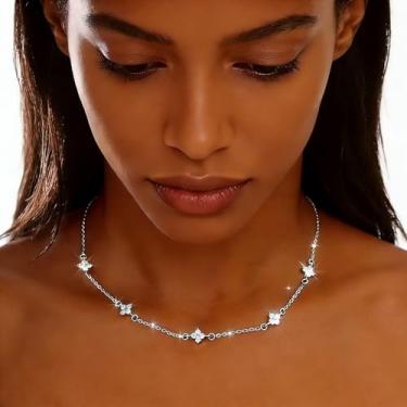 Imagem de Gargantilha feminina banhada a ouro delicado, pingente de zircônia cúbica com corrente que não mancha, Overize, Cobre, Sem Pedra Preciosa