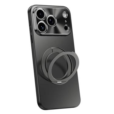Imagem de POYUFRG Capa magnética para iPhone 17 Pro Max/17 Pro/17 Air/17, capa fina galvanizada fosca com suporte de anel giratório capa de proteção de lente de metal, preta, 17