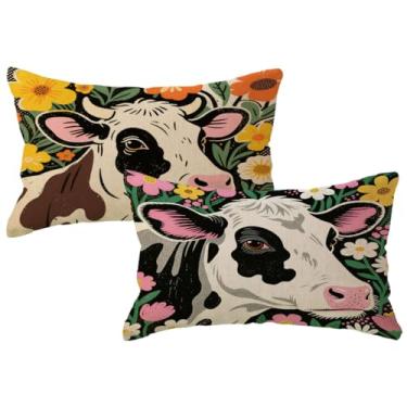 Imagem de Capas de almofada de vaca floral com flores coloridas decoração rústica casa de fazenda linda vaca leiteira fronhas lombares 30 x 50 cm, pacote com 2 para sofá