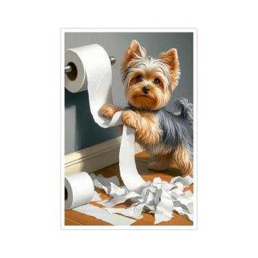 Imagem de Medpol Engraçado Yorkshire Terrier Papel Capricho Bonito Animal Banheiro Tela de Parede Humor Cachorro Impressão Pintura para Decoração de Casa Moderna Decoração de Casa de Banho Infantil Decoração de