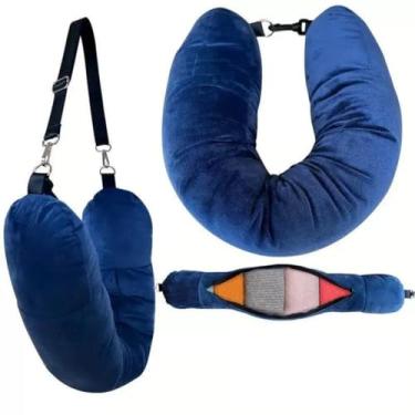 Imagem de Almofada De Pescoço De Viagem Preenchível Com Bolsa De Armazenamento Travesseiro Formato U Avião (Azul marinho)