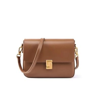 Imagem de SRDRK Bolsa tiracolo feminina de couro genuíno, design luxuoso, pequena bolsa quadrada de couro bovino, bolsa de ombro feminina, presente feminino, Marrom, 23-7-17cm