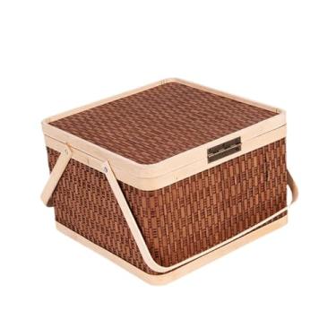 Imagem de Generic Cesta de bambu trançada para, porta-ovos, portátil para, lanches, frutas e da lua, Quadrado Marrom Escuro