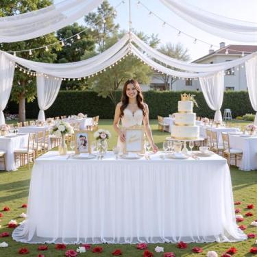 Imagem de familus Toalha de mesa branca retangular de 1,8 m com babados e babados, toalha de mesa de elastano para saias de mesa de tule de 1,8 m para festas, casamentos, banquetes