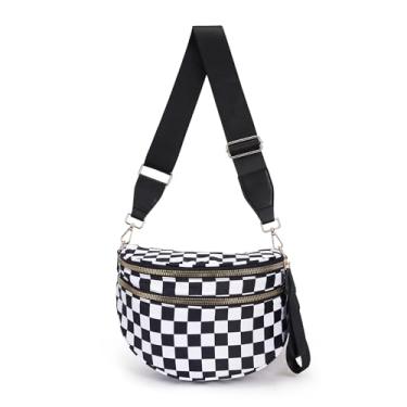 Imagem de Bolsas transversais para mulheres, pochete espaçosa de nylon, pochete quadriculada grande crescente, Xadrez - preto e branco, 11" x 5.5" x 8.5"
