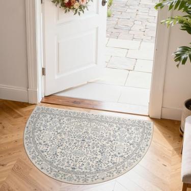 Imagem de jinchan Zenith Tapete floral azul para entrada 5 x 7 cm vintage lavável meio círculo botânico antiderrapante capacho semicircular discreto macio pequeno tapete para entrada, cozinha, quarto, banheiro