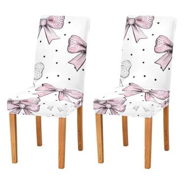 Imagem de SEHANY Conjunto de 4 capas de cadeira com laço de bolinhas rosa para sala de jantar, elástico, removível e lavável, para cozinha, hotel, festa, Natal