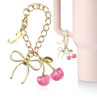 Imagem de JINGSEN Berloques de letras douradas com laço e cereja para acessórios Stanley Cup, para copos Stanley Handle 1,134 g, copo de garrafa de água, chaveiro inicial para mulheres (cerejas rosa J)