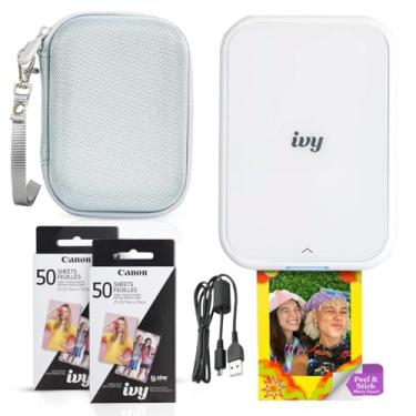 Imagem de Canon Mini impressora fotográfica Ivy 2 (branco puro) - Bluetooth, impressão de dispositivos iOS e Android, inclui 110 impressões Zink Sticky-Back, barra de luz LED, capa protetora e cabo USB